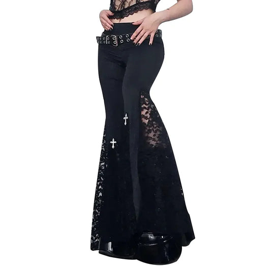 Goth Mall Flare Pants Sexy Black Lace Patchwork High Waist Vintage Harajuku Hippie Punk Grunge Streetwear Y2K Pants