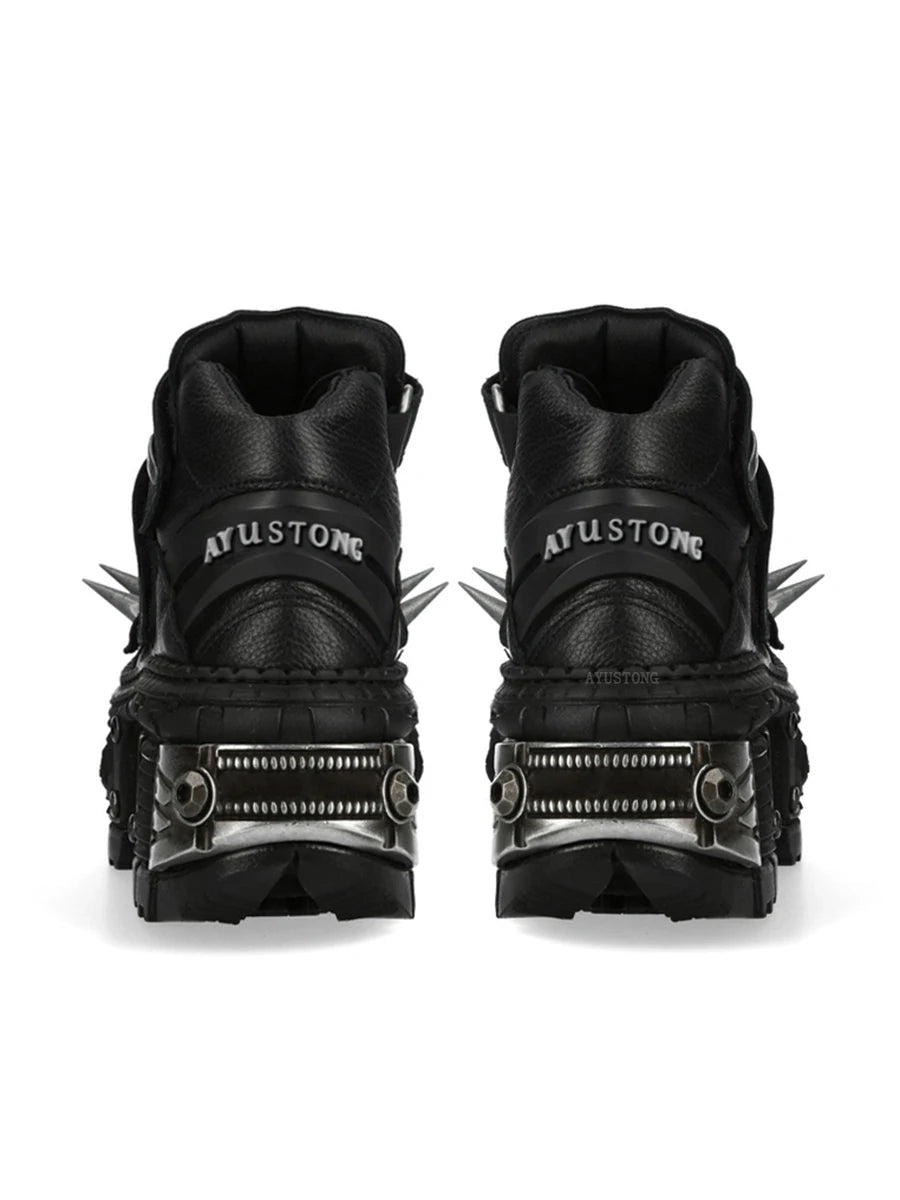 Black Thick Sole Spiked Rivet Motorcycle Boots 2025 New round Toe Punk Rock Street Sports Casual Short Boots Fashion Ankle Boots