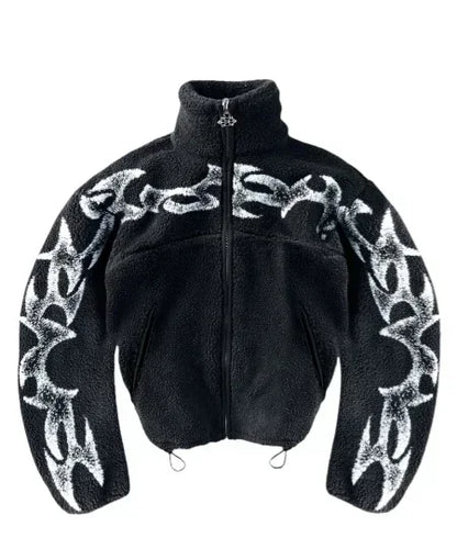 Tribal Flame Fleece Jacket 🔥 Y2K Streetwear Zip-Up for Men & Women | Unisex Winter Edition
