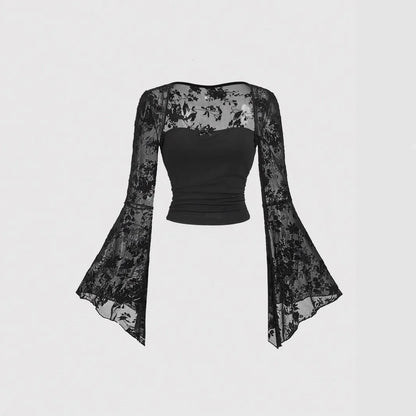 Design Sensation Lace Splicing Long Sleeve Mesh T-Shirt Sexy Elegant Style Full Sleeve Square Collar Polyester Fiber Top