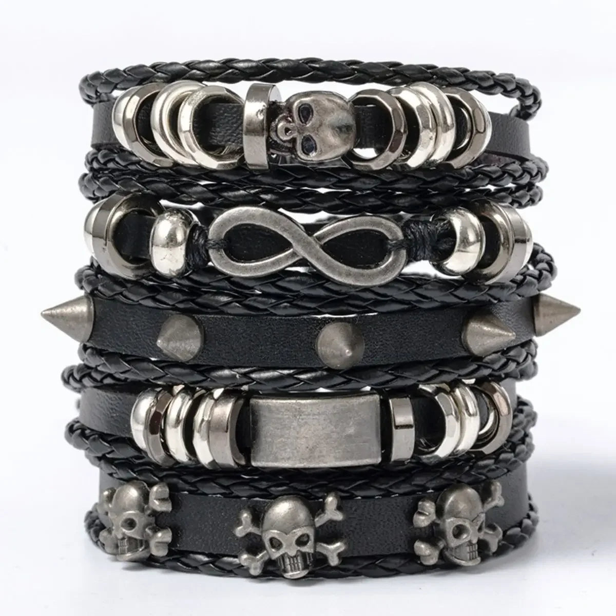 5Pcs Metal Diy Braided Punk Style Bracelet Set, Featuring Pu Leather and Beads
