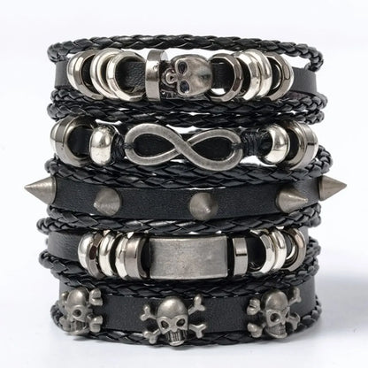 5Pcs Metal Diy Braided Punk Style Bracelet Set, Featuring Pu Leather and Beads