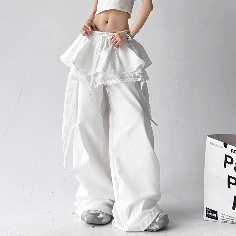 Y2K Black Cargo Pants Women Streetwear Lace Patchwork White Wide Leg Pants Summer Gyaru Harajuku Korean Baggy Trousers New