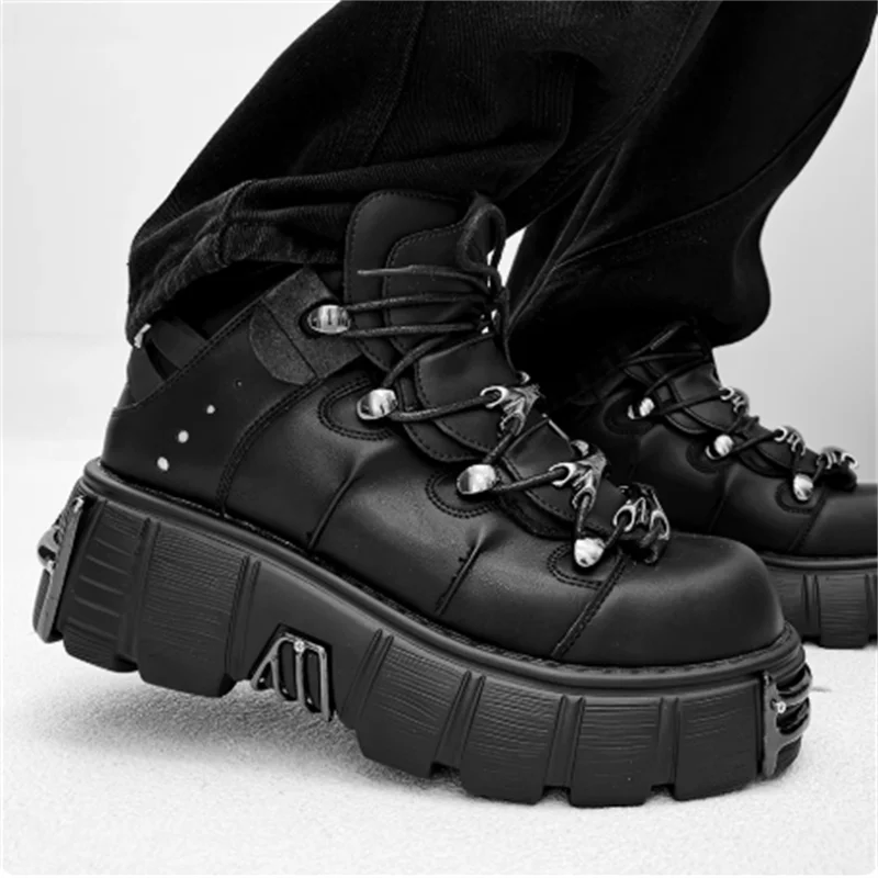 Punk Style Man Platform Shoes Lace-Up round Toe Thick Bottom Boots Fashion Women Gothic Metal Decoration Casual Shoes 2025 New