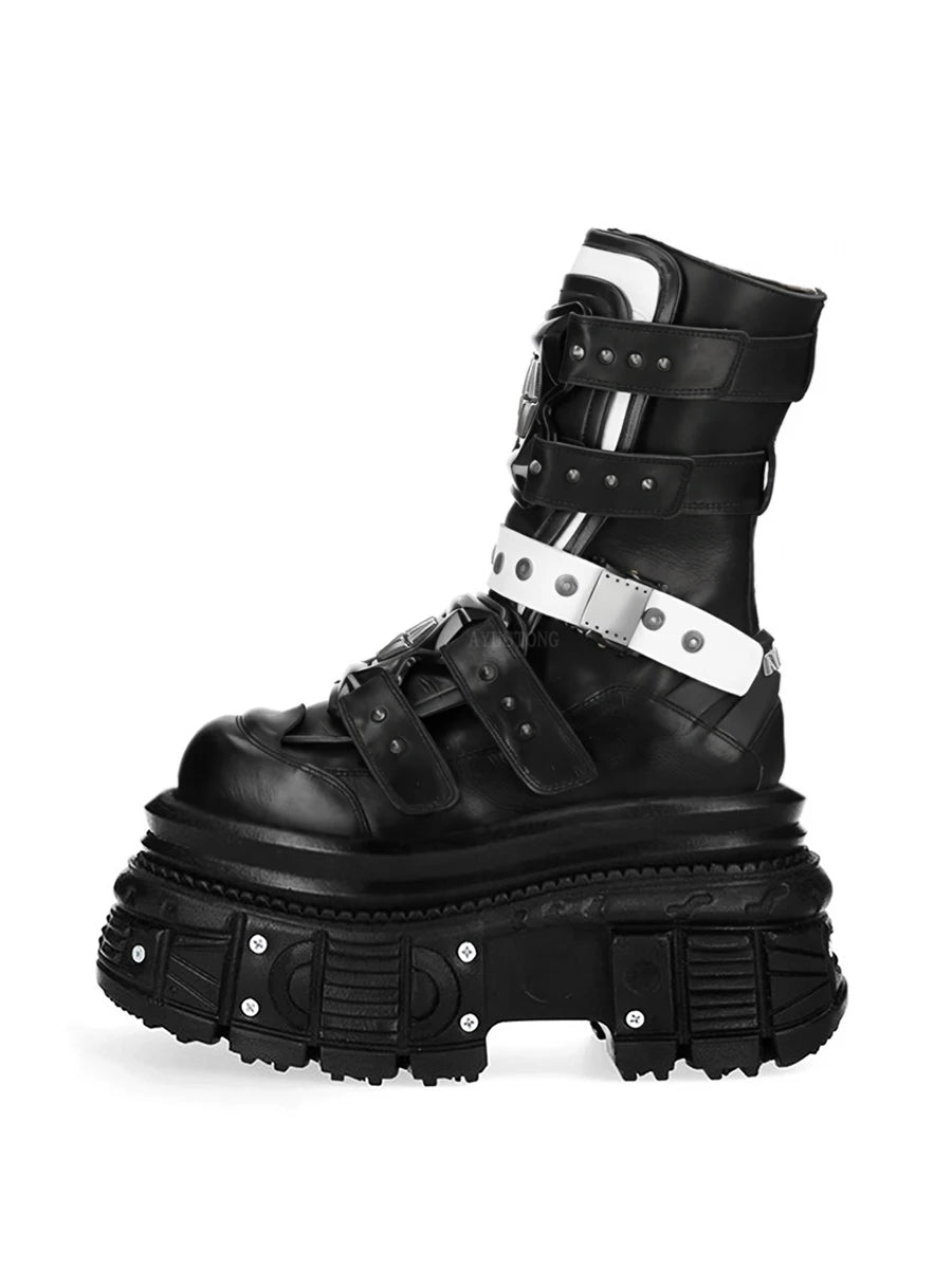 Black Cowhide Platform Boots – Punk Gothic Metal Ankle Shoes for Women