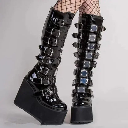 Women Boots Cosplay Ladies High Heel Platform Wedges Women High Boots Gothic Buckle Strap Long Tube Leather Female Boots plus Si