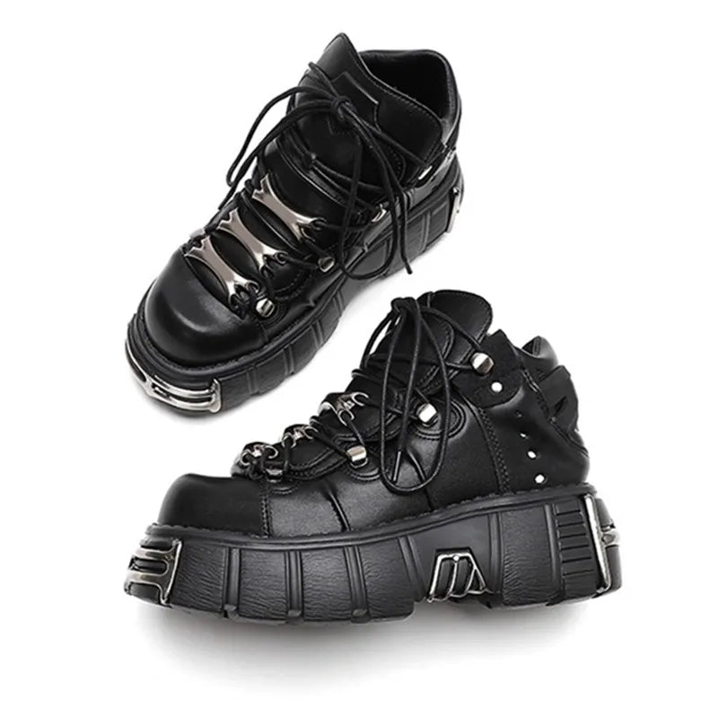Punk Style Man Platform Shoes Lace-Up round Toe Thick Bottom Boots Fashion Women Gothic Metal Decoration Casual Shoes 2025 New