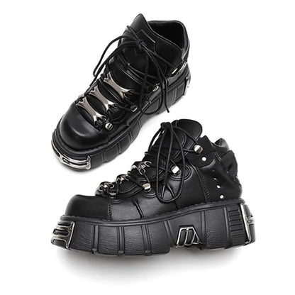 Punk Style Man Platform Shoes Lace-Up round Toe Thick Bottom Boots Fashion Women Gothic Metal Decoration Casual Shoes 2025 New