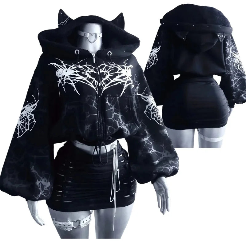Unleash Your Dark Side with the Black Gothic Spider-Web Cropped Hoodie - Edgy Streetwear for Women