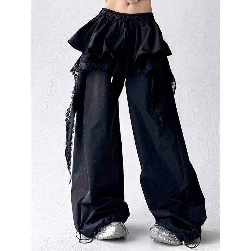 Y2K Black Cargo Pants Women Streetwear Lace Patchwork White Wide Leg Pants Summer Gyaru Harajuku Korean Baggy Trousers New