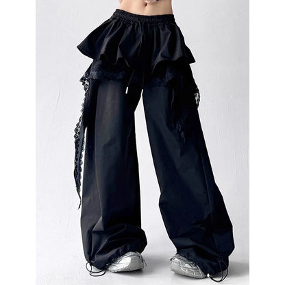Y2K Black Cargo Pants Women Streetwear Lace Patchwork White Wide Leg Pants Summer Gyaru Harajuku Korean Baggy Trousers New