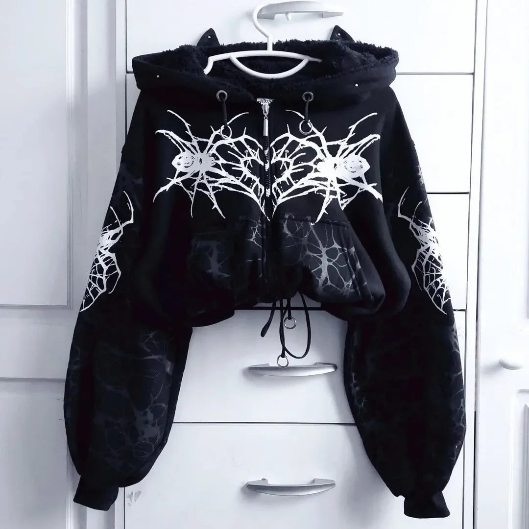 Unleash Your Dark Side with the Black Gothic Spider-Web Cropped Hoodie - Edgy Streetwear for Women