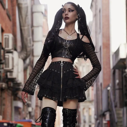 Gothic Skater Punk Vintage High Wasit Skirt Women'S Zipper Front Japanese Style Kawaii Black Harajuku Cosplay Mini Skirts