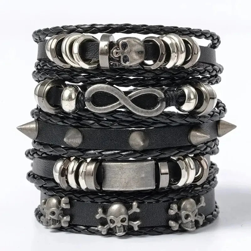 5Pcs Metal Diy Braided Punk Style Bracelet Set, Featuring Pu Leather and Beads