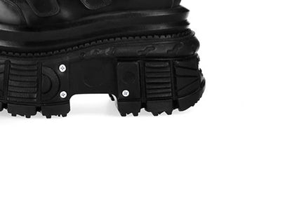 Black Cowhide Platform Boots – Punk Gothic Metal Ankle Shoes for Women