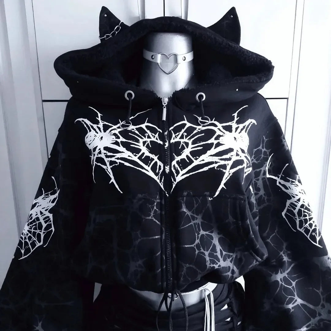 Unleash Your Dark Side with the Black Gothic Spider-Web Cropped Hoodie - Edgy Streetwear for Women