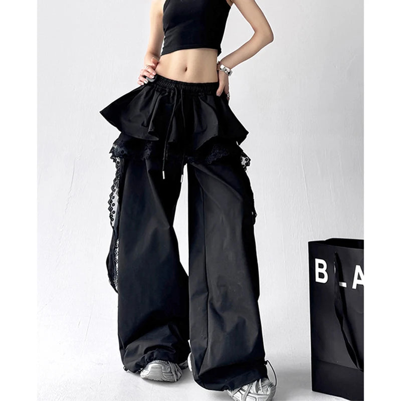 Y2K Black Cargo Pants Women Streetwear Lace Patchwork White Wide Leg Pants Summer Gyaru Harajuku Korean Baggy Trousers New