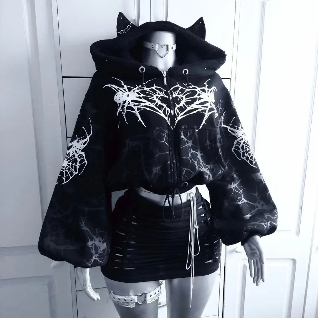 Unleash Your Dark Side with the Black Gothic Spider-Web Cropped Hoodie - Edgy Streetwear for Women