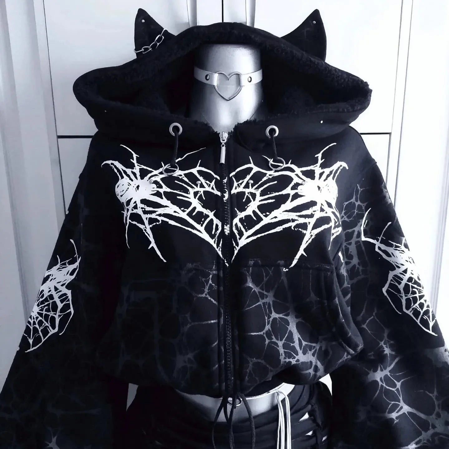 Unleash Your Dark Side with the Black Gothic Spider-Web Cropped Hoodie - Edgy Streetwear for Women