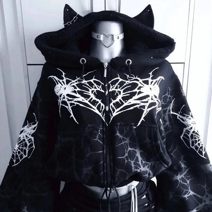 Unleash Your Dark Side with the Black Gothic Spider-Web Cropped Hoodie - Edgy Streetwear for Women