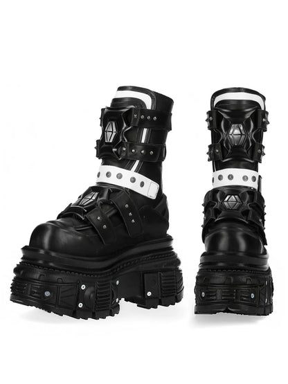 Black Cowhide Platform Boots – Punk Gothic Metal Ankle Shoes for Women