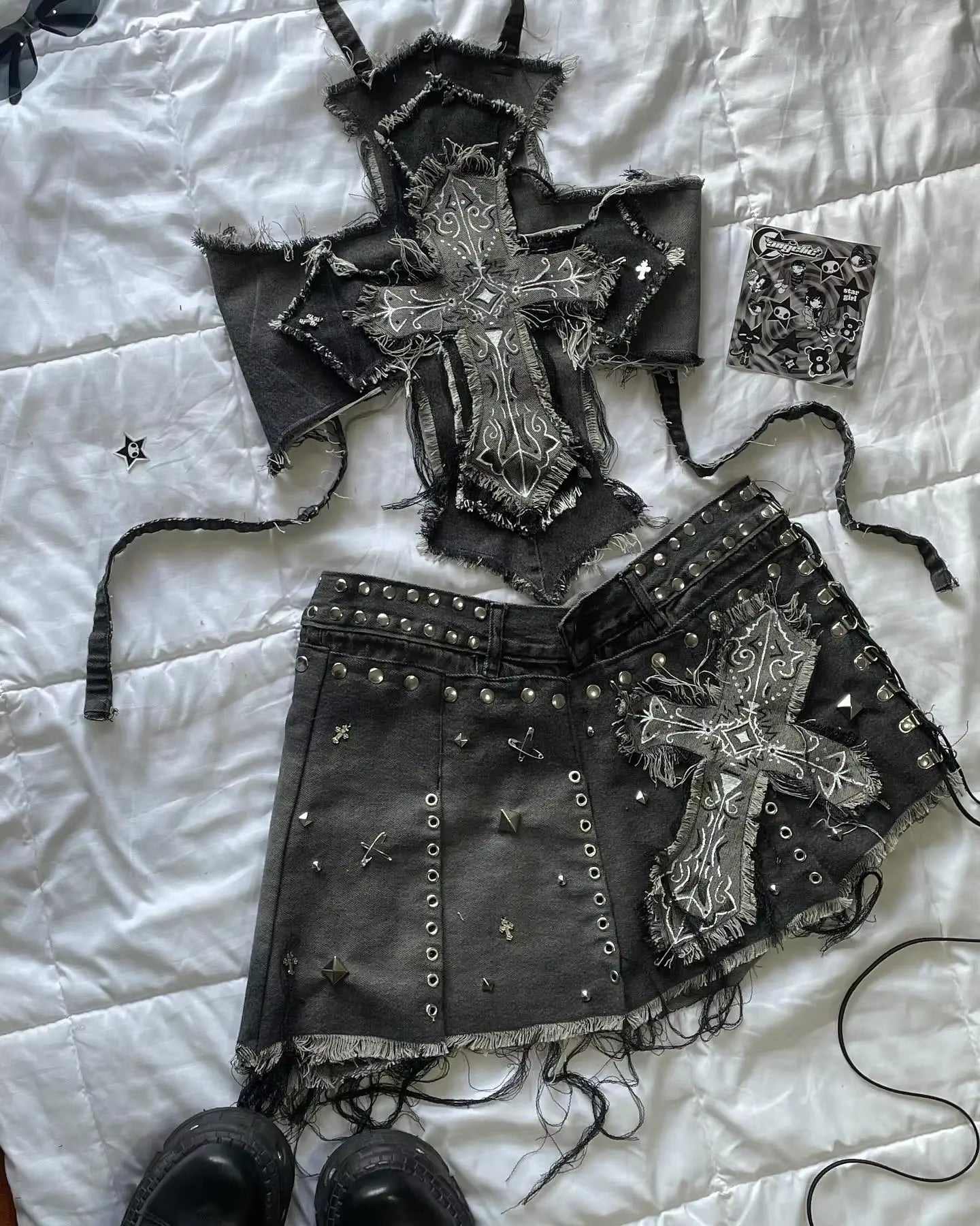 🖤 Gothic Cross Denim Set — Y2K Rebel Two-Piece Outfit ✝️