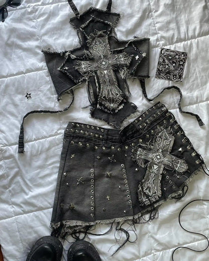 🖤 Gothic Cross Denim Set — Y2K Rebel Two-Piece Outfit ✝️
