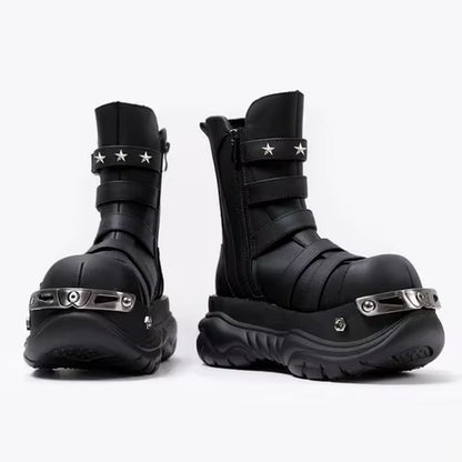 Original Gothic Platform Boots – Women’s Punk Metal Elevator Ankle Shoes, Cool Motorcycle Style