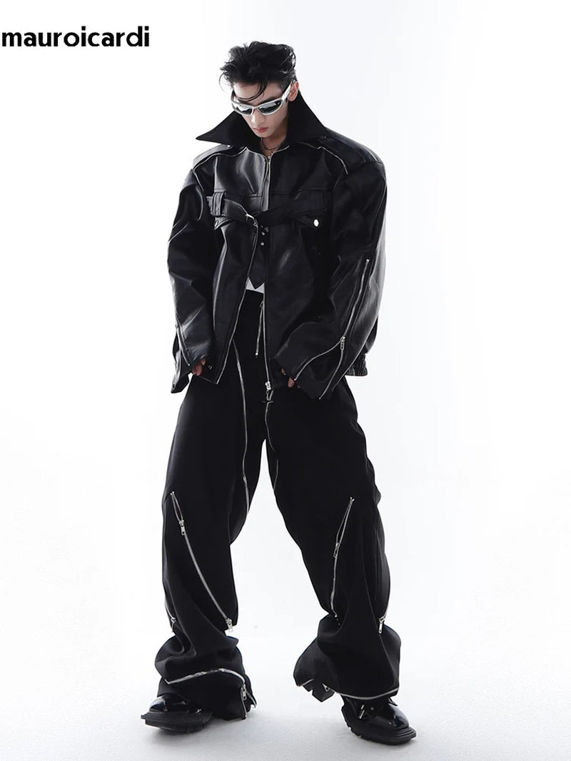 Spring Autumn Cool Stylish Oversized White Black Faux Leather Jacket Men Zip up Luxury Designer Emo Clothes 2023