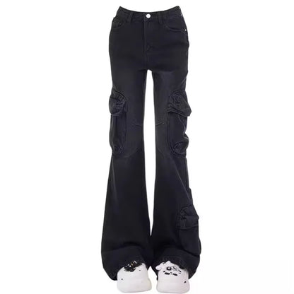 Women’s High-Waisted Vintage Flared Jeans – Black & Grey Street Style