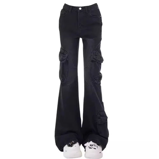 Women’s High-Waisted Vintage Flared Jeans – Black & Grey Street Style