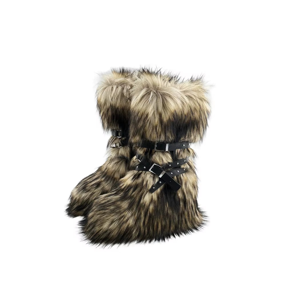 Luxury Faux Fur Knee-High Boots – Belt Buckle, Slip-On Winter Warm Fashion