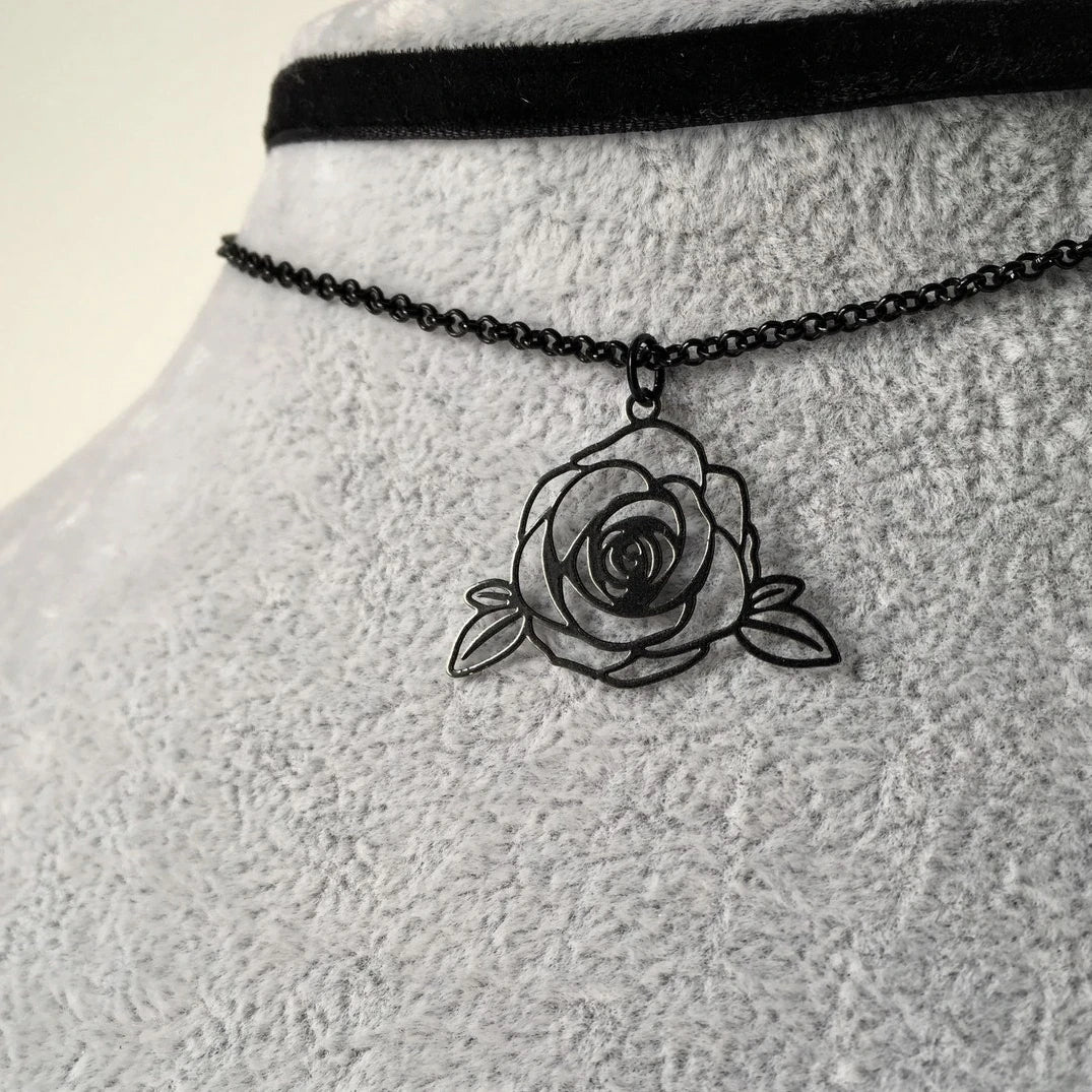 Black Rose Choker Grunge Necklace Velvet Emo Collar Jewelry