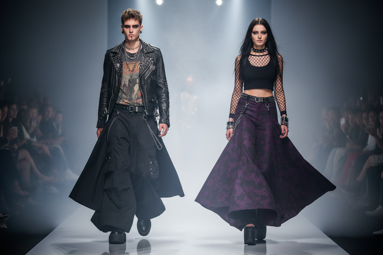 ancho de abajo hombre y mujer en pasarela emo y y2k