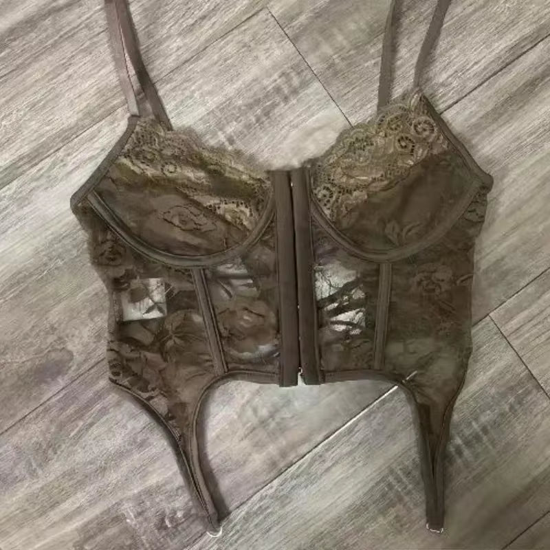 Y2K Lace Three-Piece Set — Maillard Brown Streetwear Elegance🔥