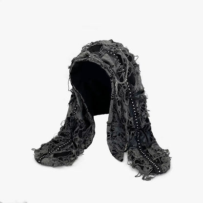 🖤 Gothic Punk Tassel Beanie — Ripped Rivet Earflap Techwear Hat ⚙️