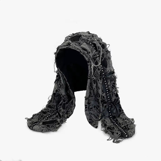 🖤 Gothic Punk Tassel Beanie — Ripped Rivet Earflap Techwear Hat ⚙️