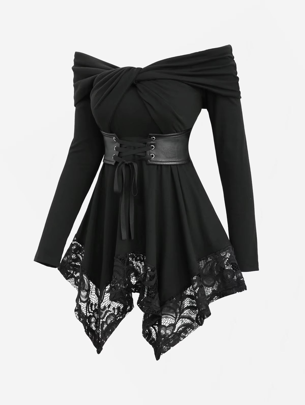 🖤 Dark Elegance Off-Shoulder Corset Top — Gothic Lace & Belted Style ✨