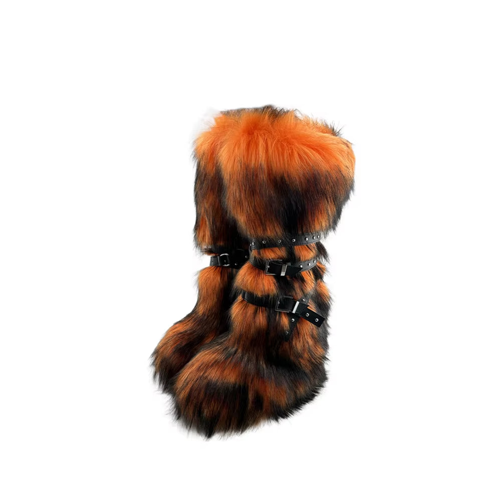Luxury Faux Fur Knee-High Boots – Belt Buckle, Slip-On Winter Warm Fashion