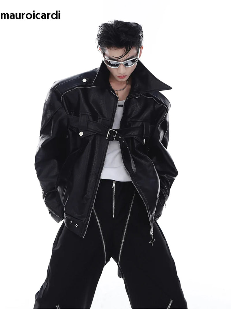 Spring Autumn Cool Stylish Oversized White Black Faux Leather Jacket Men Zip up Luxury Designer Emo Clothes 2023