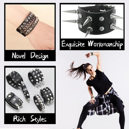 “Dark Punk Bracelet Set 🖤 6-Piece Spiked Leather Cuffs”