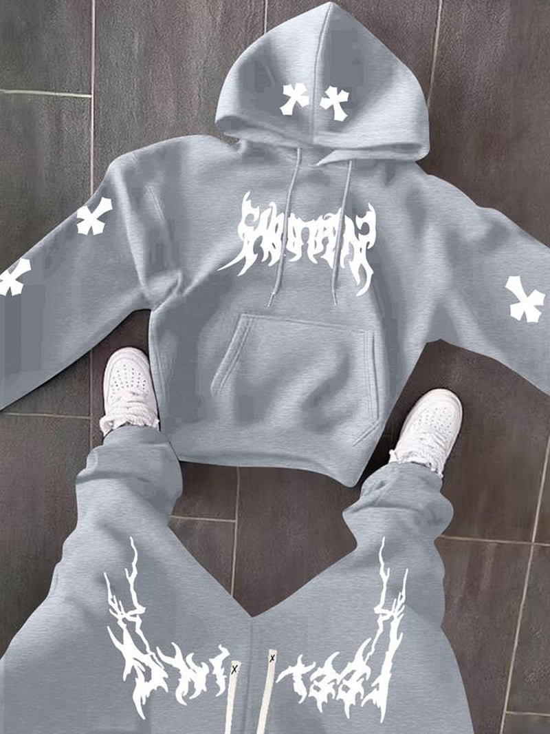 Men’s Black Hoodie & Pants Set – American Streetwear with Lightning Cross Print | Casual 2-Piece Tracksuit