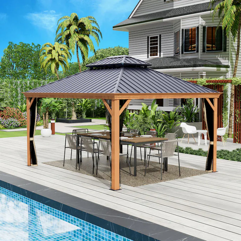 Transform Your Outdoor Space with the Elegant 12-Ft x 16-Ft Brown Hardtop Gazebo – Complete with Screen for Ultimate Comfort