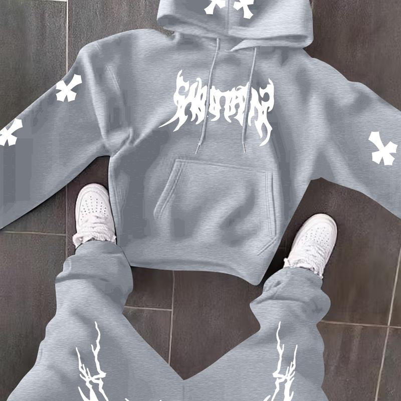 Men’s Black Hoodie & Pants Set – American Streetwear with Lightning Cross Print | Casual 2-Piece Tracksuit