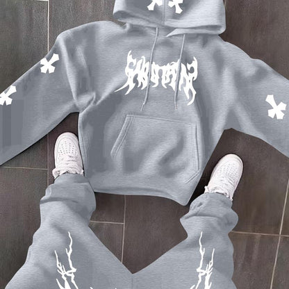 Men’s Black Hoodie & Pants Set – American Streetwear with Lightning Cross Print | Casual 2-Piece Tracksuit