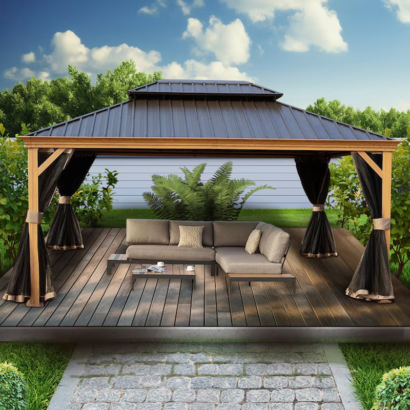Transform Your Outdoor Space with the Elegant 12-Ft x 16-Ft Brown Hardtop Gazebo – Complete with Screen for Ultimate Comfort