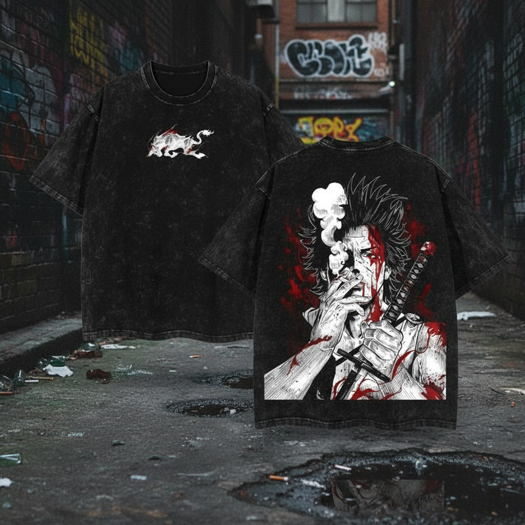 Camiseta anime vintage - vista frontal y trasera