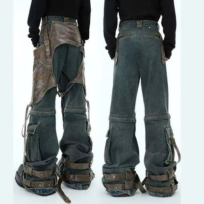 🇬🇧 Dark Deconstructed Jeans – Patchwork PU Leather Wide-Leg Pants