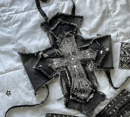 🖤 Gothic Cross Denim Set — Y2K Rebel Two-Piece Outfit ✝️