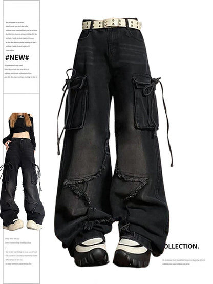 Women'S Black Gothic Baggy Cargo Jeans with Star Harajuku Y2K 90S Aesthetic Denim Trousers Emo 2000S Jean Pants Vintage Clothes